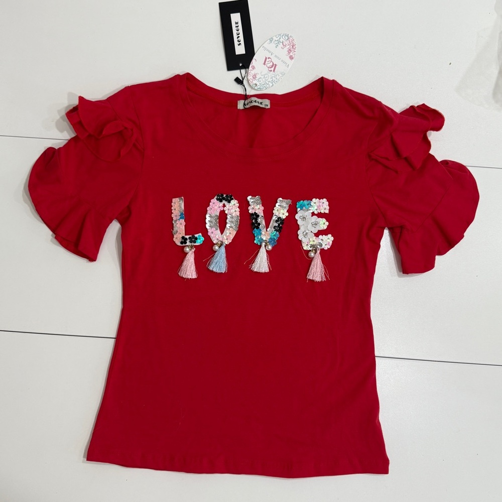 LOVE Red Ruffle Sleeve Tee